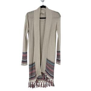 Roxy Open Front Fringe Trim Cream Knit Long Cardigan Sweater Womens Medium